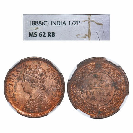 Victoria Empress, Copper, 1/2 Pice, 1888, Calcutta Mint, A/I, No mint mark. F. Prid 720. G