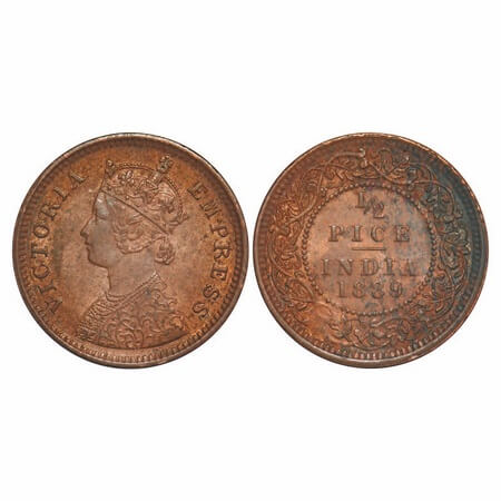 Victoria Empress, Copper, 1/2 Pice, 1889, Calcutta Mint, A/I, No mint mark. F. Prid 633. G