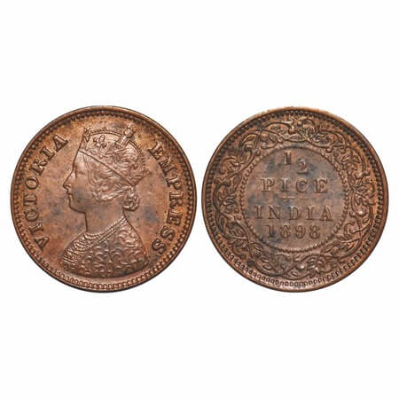 Victoria empress, Copper, 1/2 Pice, 1898, calcutta Mint, A/I, No mint mark, w/o cross bar 