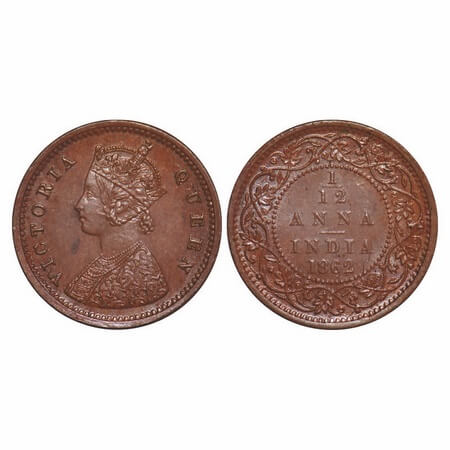 Victoria Queen, Copper, 1/12 Anna, 1862, Bombay Mint, A/I. F. Prid 782. GK 404. Brilliant 