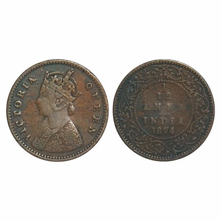Victoria Queen, Copper, 1/12 Anna, 1874, Calcutta Mint, Obv A, No mint mark. F. Prid 783. 