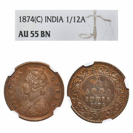 Victoria Queen, Copper, 1/12 Anna, 1874, Calcutta Mint, Obv A, No mint mark, (Die rotation