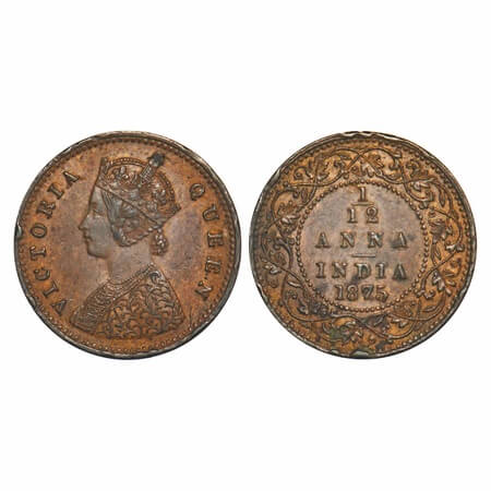 Victoria Queen, Copper, 1/12 Anna, 1875, Calcutta Mint, No mint mark, Obv A. F. Prid 784. 