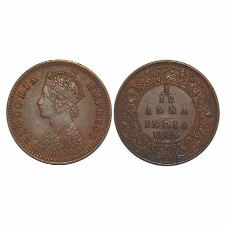 Victoria Empress, Copper, 1/12 Anna, 1885, Calcutta Mint, Obv B, No mint mark. F. Prid 790