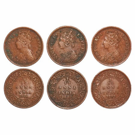Victoria Empress, Copper, 1/12 Anna (3 coins), 1) 1886, Calcutta Mint, Obv C, 'C' incused,