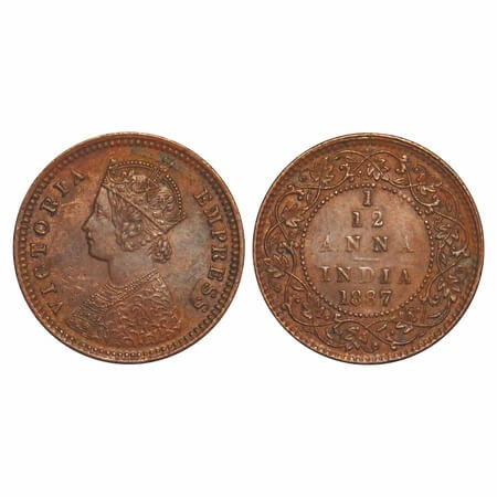 Victoria Empress, Copper, 1/12 Anna, 1887, Calcutta Mint, Obv B, 'C' incused. F. Prid 792.
