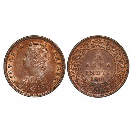 Victoria Empress, Copper, 1/12 Anna, 1888, Calcutta Mint, Obv B, No mint mark, Die cracks 