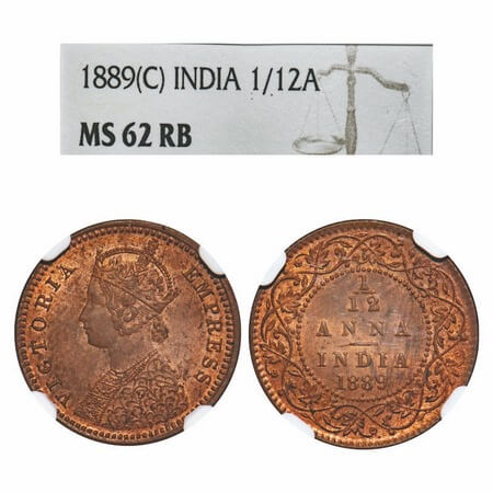 Victoria Empress, Copper, 1/12 Anna, 1889, Calcutta Mint, Obv B, No mint mark. F. Prid 794