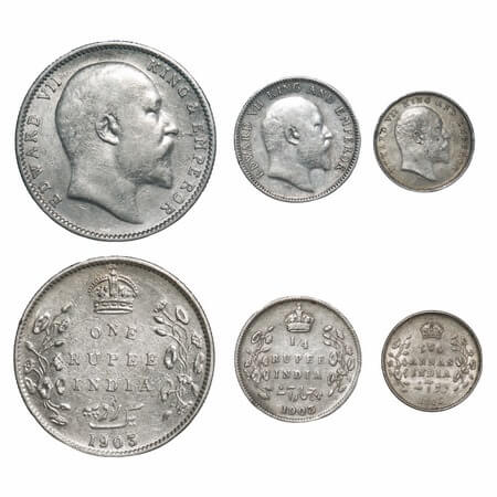 Edward VII, Silver, Rupee, 1/4 Rupee, 2 Annas, 1903 (3 coins), 1) Bombay Mint, 'B' incused