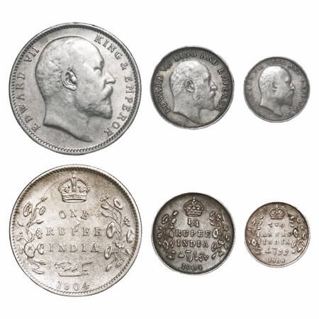Edward VII, Silver, Rupee, 1/4 Rupee & 2 Annas, 1904 (3 coins), Calcutta Mint, No mint mar