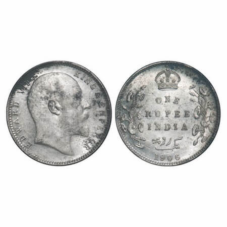 Edward VII, Silver, Rupee, 1906, Calcutta Mint, No mint mark. F. Prid 191. GK 938. About U