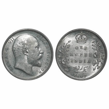 Edward VII, Silver, Rupee, 1907, Calcutta Mint, No mint mark, Die crack on Obv. F. Prid 19