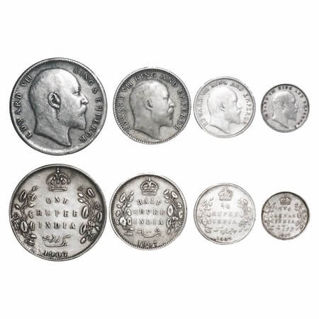 Edward VII, Silver, Rupee, Half Rupee, 1/4 Rupee & 2 Annas, 1907 (4 coins), Calcutta Mint,