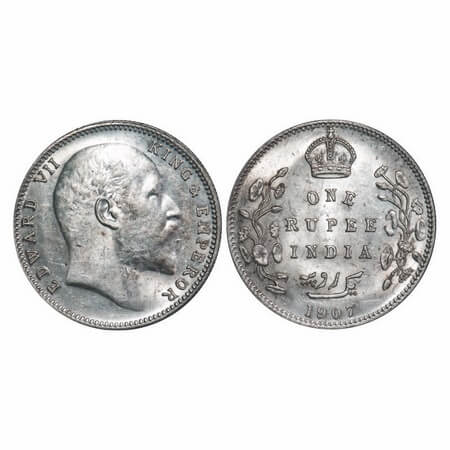 Edward VII, Silver, Rupee, 1907, Bombay Mint, 'B' incused and dot, Narrow numeral 7. F. Pr