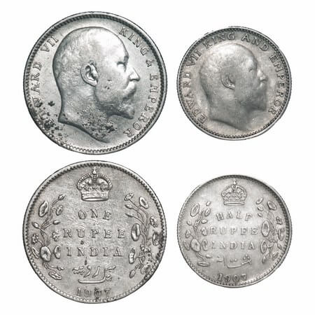 Edward VII, Silver, Rupee, Half Rupee, 1907 (2 coins), Bombay Mint, 'B' incused and dot. F