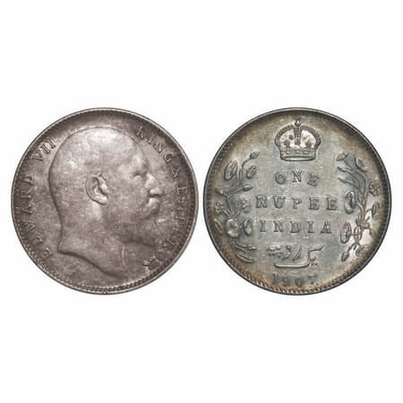 Edward VII, Silver, Rupee, 1907, Bombay Mint, No 'B', Only dot. F. Prid Unlisted. GK 945. 