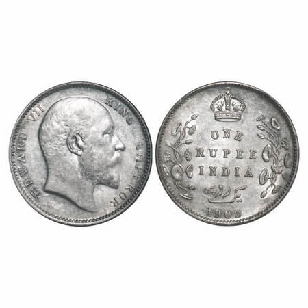 Edward VII, Silver, Rupee, 1908, Calcutta Mint, No mint mark. F. Prid 194. GK 946. About U