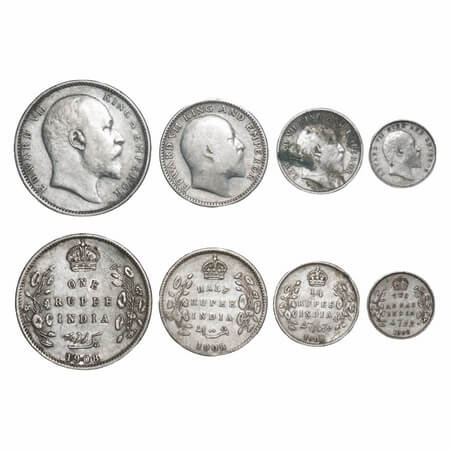 Edward VII, Silver, Rupee, Half Rupee, 1/4 Rupee, 2 Annas, 1908 (4 coins), Calcutta Mint, 
