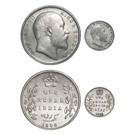 Edward VII, Silver, Rupee & 2 Annas, 1908 (2 coins), 1) Numeral 8 of year date 1908 is ove