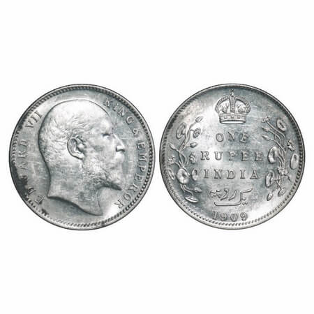 Edward VII, Silver, Rupee, 1909, Calcutta Mint, No mint mark. F. Prid 195. GK 950. Almost 