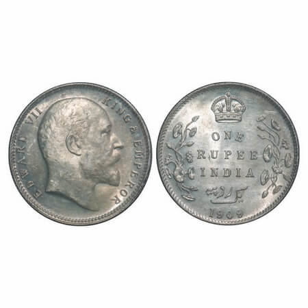 Edward VII, Silver, Rupee, 1909, Calcutta Mint, No mint mark. F. Prid 195. GK 950. About U