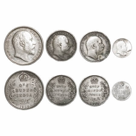 Edward VII, Silver, Rupee, Half Rupee(2), 1/4 Rupee, 1909 (4 coins), Calcutta Mint, No min