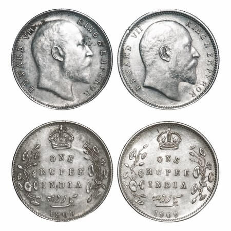 Edward VII, Silver, Rupee, 1909 (2 coins), 1) Calcutta Mint, No mint mark, 2) Bombay Mint,