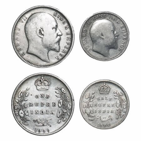Edward VII, Silver, Rupee, Half Rupee, 1909 (2 coins), Calcutta Mint, No mint mark. F. Pri