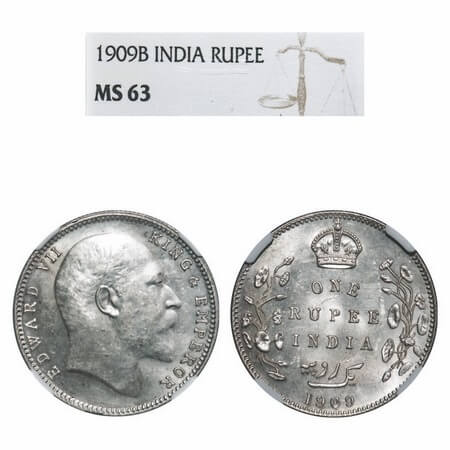 Edward VII, Silver, Rupee, 1909, Bombay Mint, 'B' incused and Dot. F. Prid 205. GK 952. NG