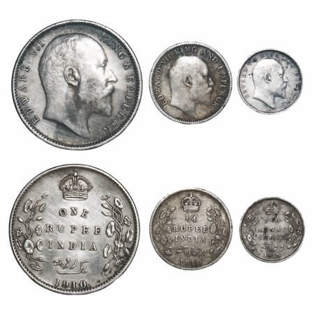 Edward VII, Silver, Rupee, 1/4 Rupee, 2 Annas, 1910 (3 coins), Calcutta Mint, No dot. F. P