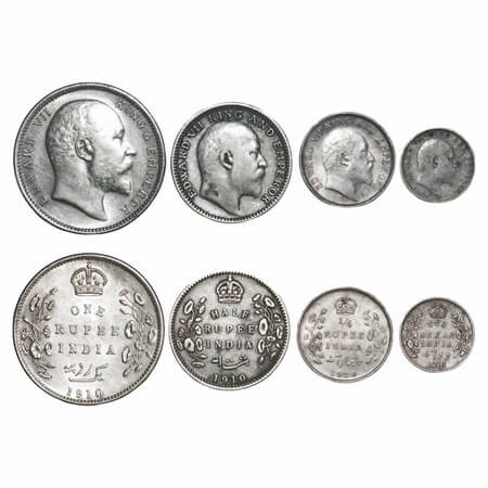 Edward VII, Silver, Rupee, Half Rupee, 1/4 Rupee, 2 Annas, 1910 (4 coins), Calcutta Mint, 