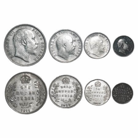 Edward VII, Silver, Rupee, Half Rupee, 1/4 Rupee, 2 Annas, 1910 (4 coins), Bombay Mint, Do
