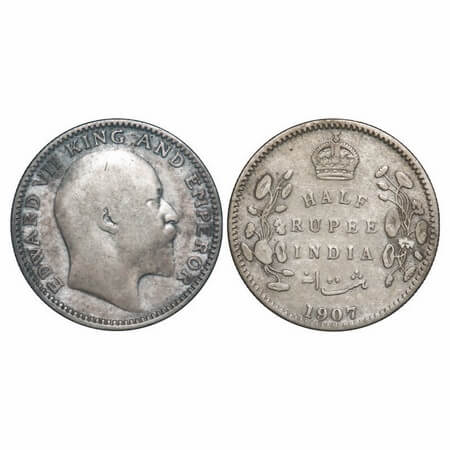 Edward VII, Silver, Half Rupee, 1907, Calcutta Mint, No mint mark. F. Prid 311. GK 967. Ab