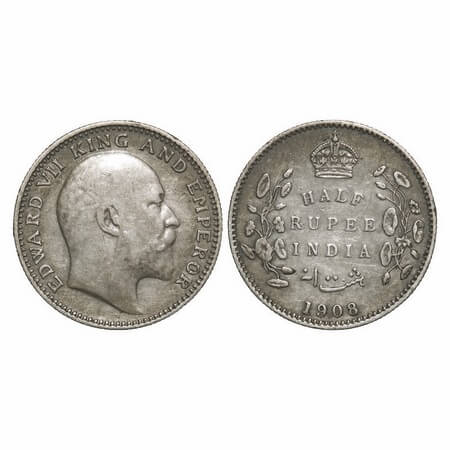 Edward VII, Silver, Half Rupee, 1908, Calcutta Mint, No mint mark. F. Prid 312. GK 968. Ve