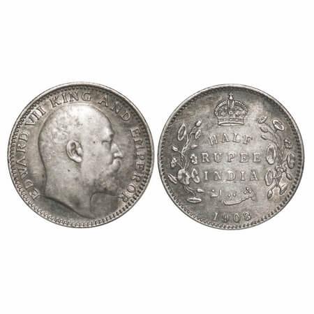 Edward VII, Silver, Half Rupee, 1908, Calcutta Mint, No mint mark. F. Prid 312. GK 968. Ex
