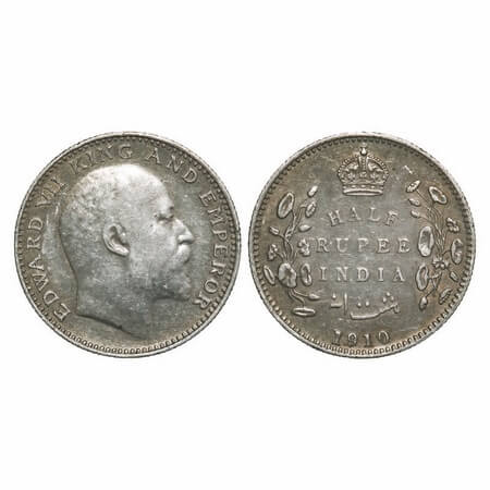 Edward VII, Silver, Half Rupee, 1910, Bombay Mint, 'B' incused and Dot. F. Prid 317. GK 97