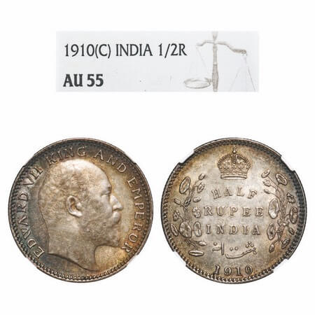 Edward VII, SIlver, Half Rupee, 1910, Calcutta Mint, No mint mark. F. Prid 314. GK 971. NG