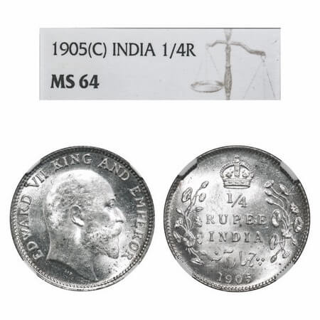 Edward VII, Silver, 1/4 Rupee, 1905, Calcutta Mint, No mint mark. F. Prid 434. GK 974. NGC