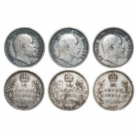 Edward VII, Silver, 1/4 Rupee, 1905, 1906, 1907, (3 coins), Calcutta Mint, No mint mark. F