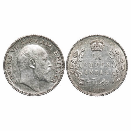 Edward VII, Silver, 1/4 Rupee, 1910, Bombay Mint, Dot. F. Prid Unlisted. GK 979. Extremely