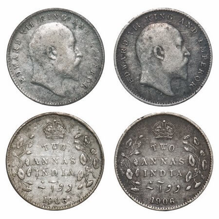 Edward VII, Silver, 2 Annas, 1906, (2 coins), Calcutta Mint, No mint mark. F. Prid 559(2).