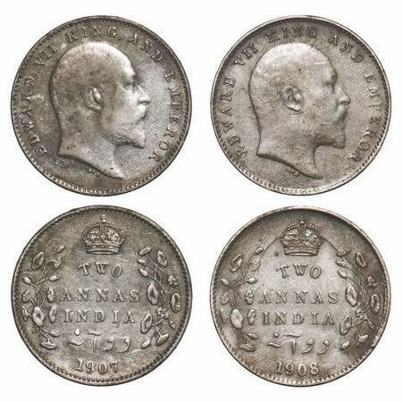 Edward VII, Silver, 2 Annas, 1907, 1908, (2 coins), Calcutta Mint, No mint mark. F. Prid 5