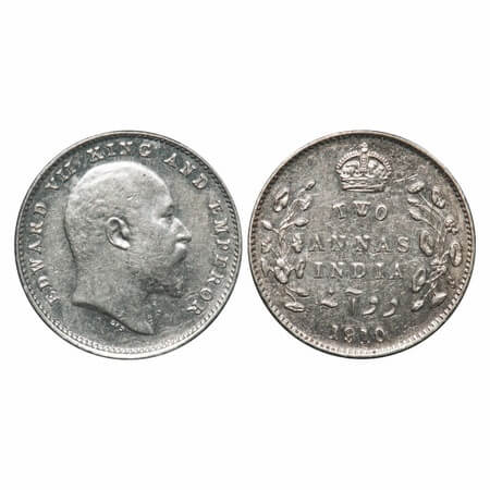 Edward VII, Silver, 2 Annas, 1910, Bombay Mint, Dot. F. Prid Unlisted. GK 988. About Uncir