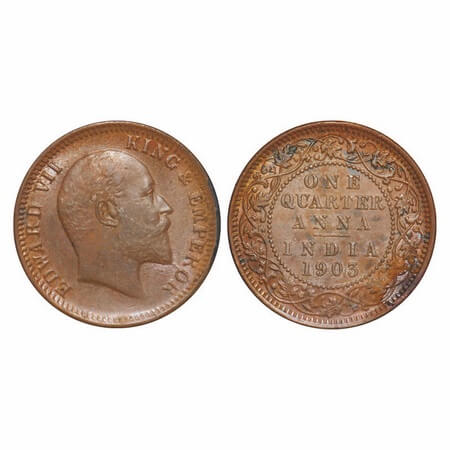 Edward VII, Copper, Quarter Anna, 1903, Calcutta Mint, No mint mark, Die crack on Obv, The