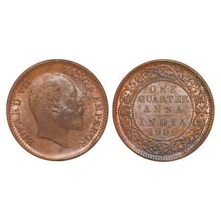 Edward VII, Copper, Quarter Anna, 1906, 6.47 gms, Calcutta Mint, No mint mark, Die crack o