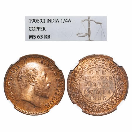 Edward VII, Bronze, Quarter Anna, 1906, Calcutta Mint, No mint mark, (Slab mentions Copper
