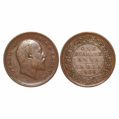 Edward VII, Bronze, Quarter Anna, 1906, 4.95 gms, Calcutta Mint, No mint mark, Ghost on Re