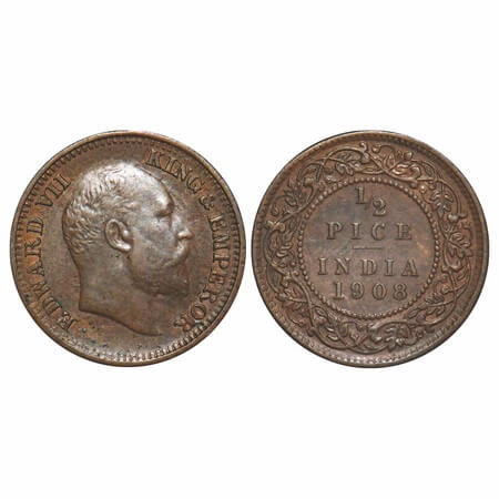 Edward VII, Bronze, 1/2 Pice, 1908, Calcutta Mint, No mint mark. F. Prid 742. GK 1009. Ext