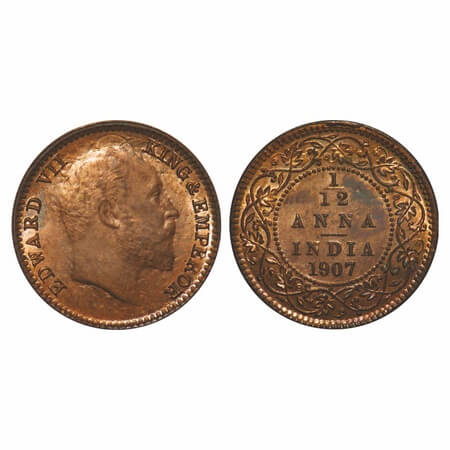 Edward VII, Bronze, 1/12 Anna, 1907, Calcutta Mint, No mint mark. F. Prid 823. GK 1017. Un