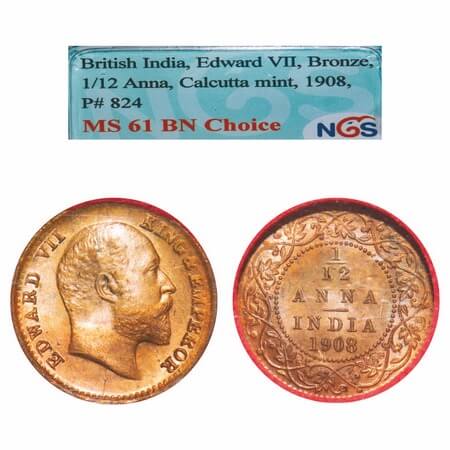 Edward VII, Bronze, 1/12 Anna, 1908, Calcutta Mint, No mint mark. F. Prid 824. GK 1018. NG